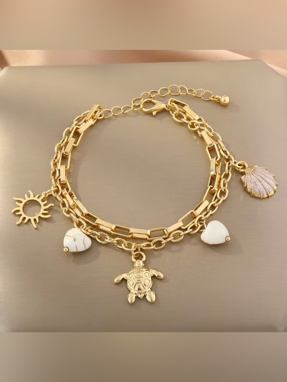 NEW! Gold Turtle Charm Bracelet with White Stone Hearts. Beach bracelet 🐢 A4-150